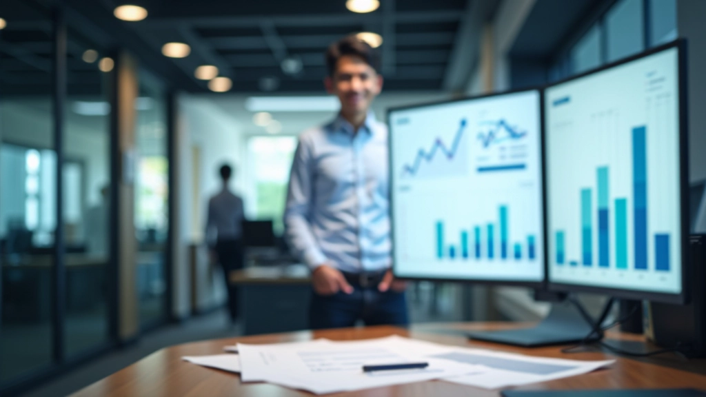 Person at standing desk with printed progress charts and tracking sheets