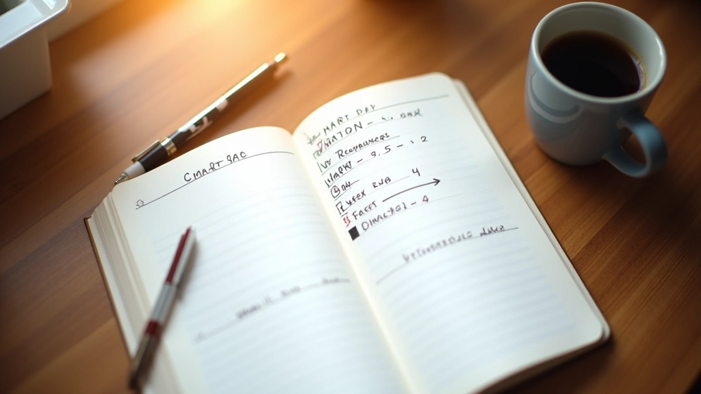 Notebook with SMART goals written out, pen and coffee on desk