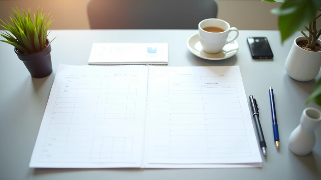 Organized workspace with goal tracking systems, planning calendar, and progress notes