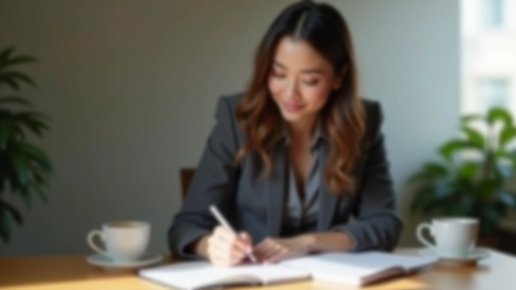 Person writing goal details in a notebook with pen, desk workspace with coffee and planning materials