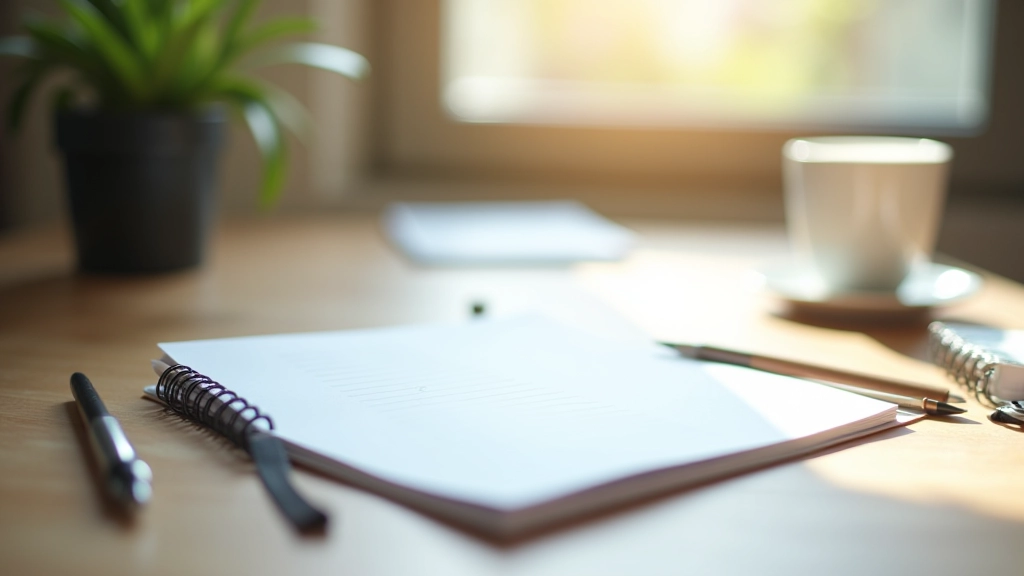 Workspace with goal-setting notebook, planning calendar, and coffee cup on wooden desk